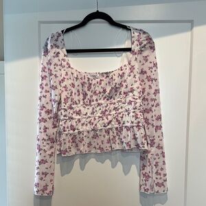 White and Pink Ruched Ruffled Long Sleeve Blouse